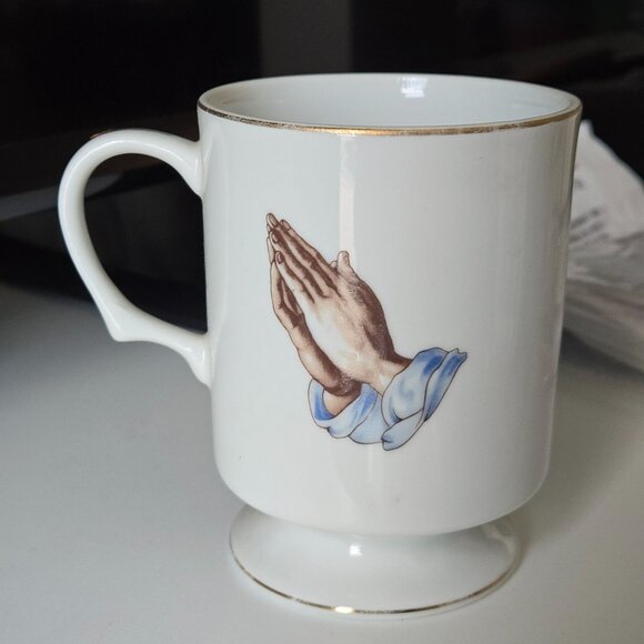 Vintage 1984 Lefton China 04549 Footed Mug Serenity Prayer Praying Hands Signed - Picture 1 of 5